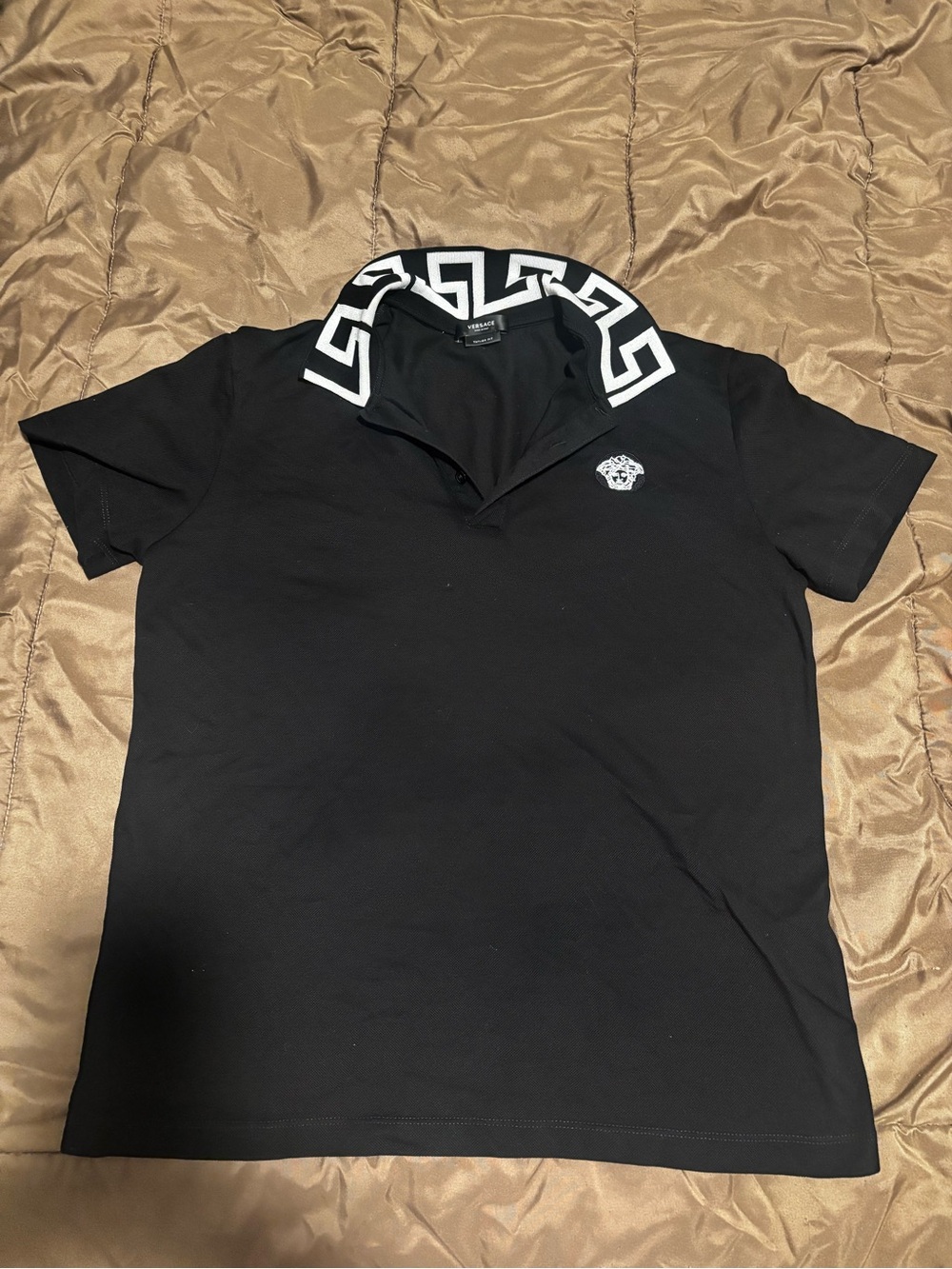 Versace Black Polo with White Greca Collar and Medusa Patch